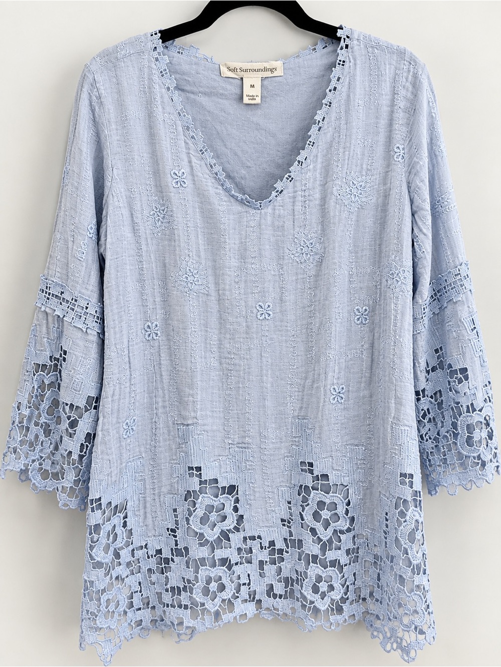 Soft Surroundings Pale Blue V-Neck Crochet & Lace Tunic
